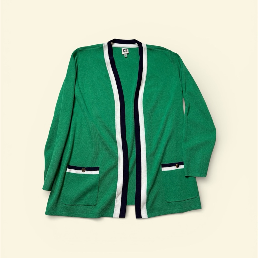 Anne Klein Green Cardigan with Navy and White Trim